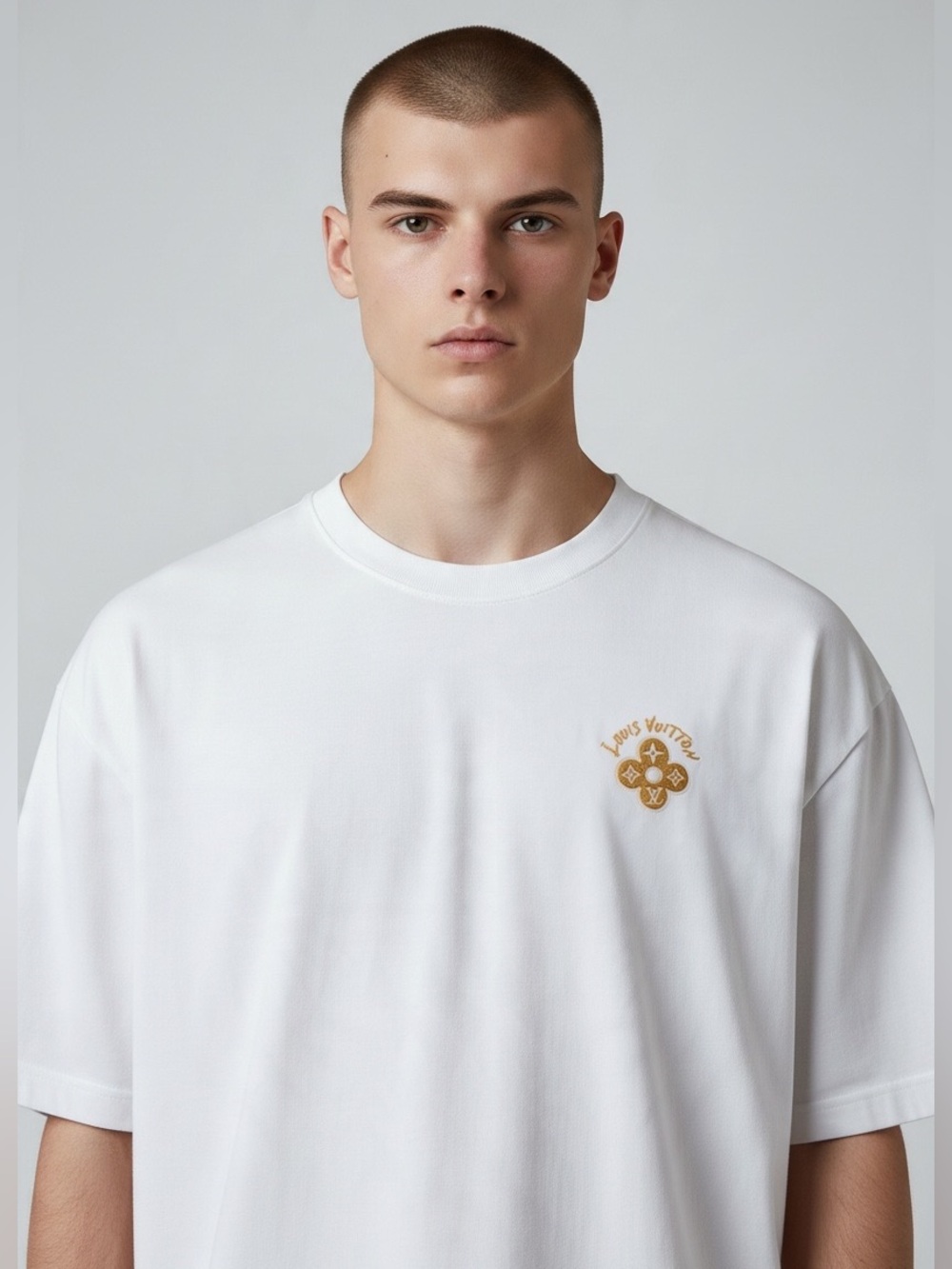L ouis Vuitton White Short Sleeve Tee with Gold Crest Emblem